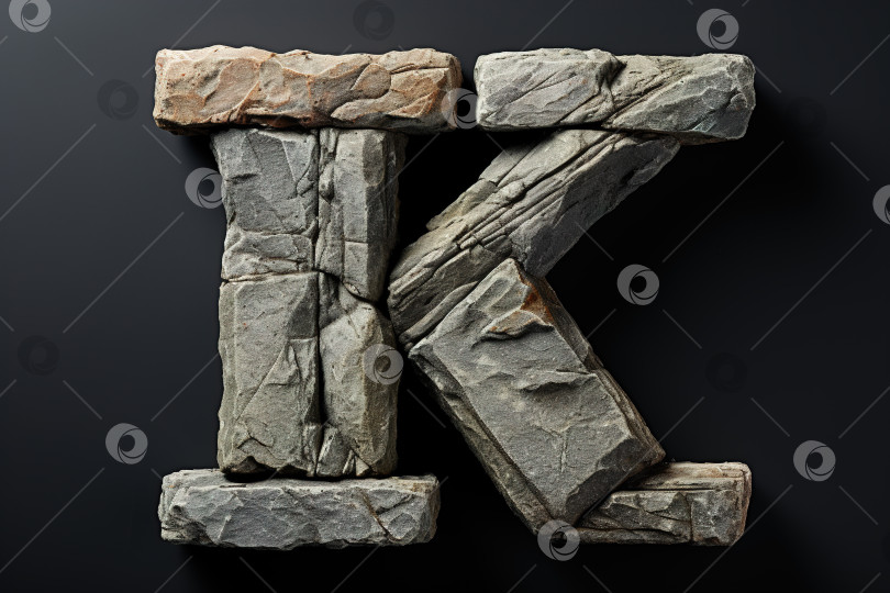 Скачать Каменная шероховатая буква алфавита K на темном фоне. Концепция типографики знака натуральным шрифтом фотосток Ozero
