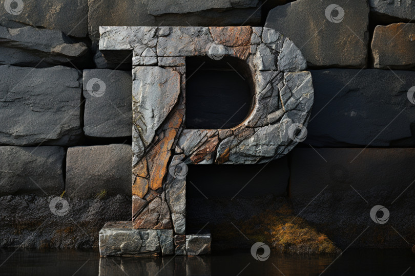 Скачать Грубая буква P алфавита, стоящая на фоне каменной стены. Концепция типографики знака натуральным шрифтом фотосток Ozero
