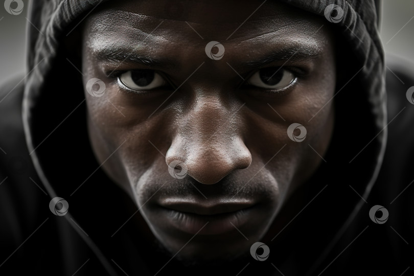 Скачать Крупным планом портрет уверенного в себе афроамериканца в черном капюшоне, смотрящего в камеру фотосток Ozero