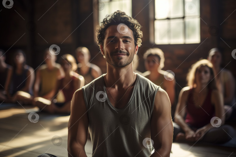 Скачать Групповая медитация и йога. Портрет счастливого спокойного мужчины, тренирующегося в тренажерном зале фотосток Ozero