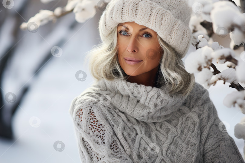 Скачать Женская зимняя модная одежда, портрет красивой женщины средних лет в теплом вязаном свитере и шапке на природе фотосток Ozero