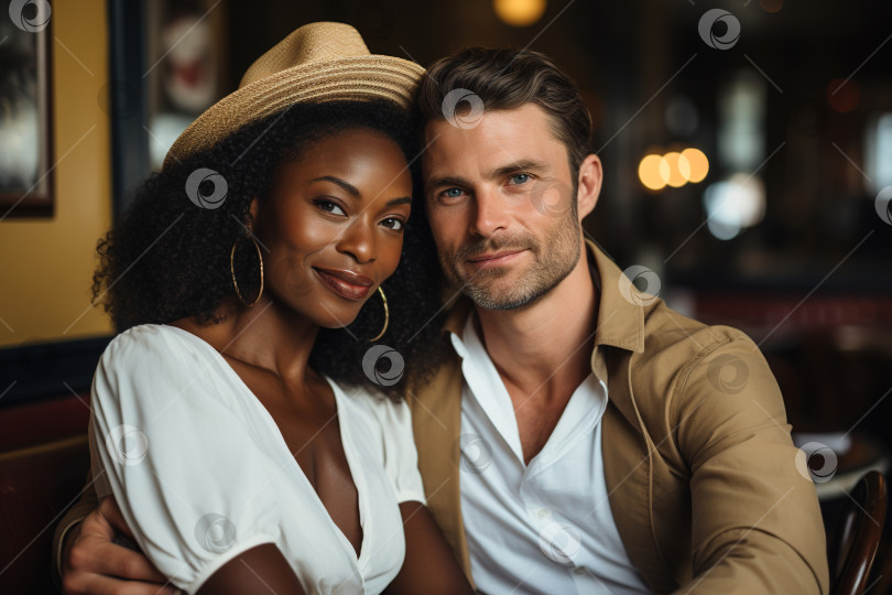 Скачать Стильная красивая любящая многорасовая пара обнимается в кафе. Счастливая афроамериканка с белым мужчиной в помещении фотосток Ozero