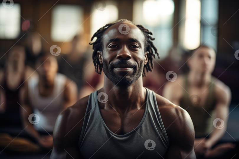 Скачать Портрет спокойного счастливого афроамериканца средних лет, практикующего йогу в группе в тренажерном зале с другими людьми фотосток Ozero