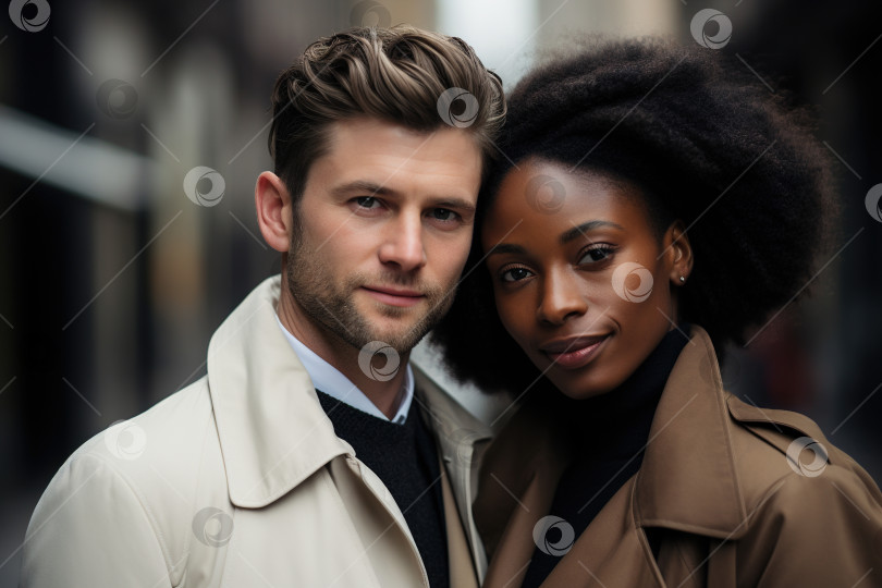 Скачать Стильная красивая многорасовая пара, белый мужчина и афроамериканка обнимаются на улице и смотрят в камеру фотосток Ozero