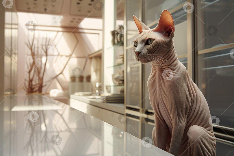 Скачать Элегантный спокойный серый кот-сфинкс сидит на кухне в закрытом помещении фотосток Ozero