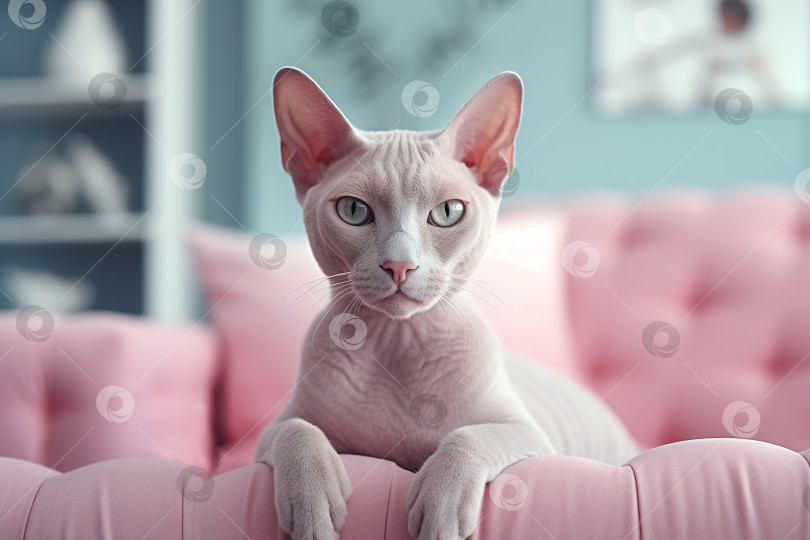 Скачать Элегантный спокойный белый кот-сфинкс отдыхает на розовом диване в помещении фотосток Ozero