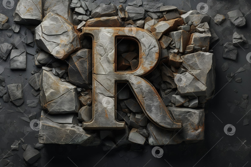 Скачать Грубая каменная буква алфавита R на потрескавшемся разрушенном фоне. Концепция типографики знака натуральным шрифтом фотосток Ozero