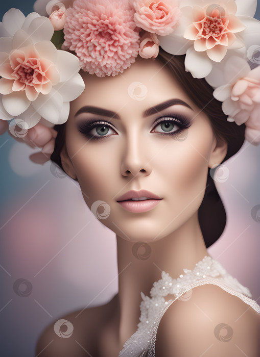 Скачать портрет женщины с весенним макияжем, цветы в розовых тонах фотосток Ozero