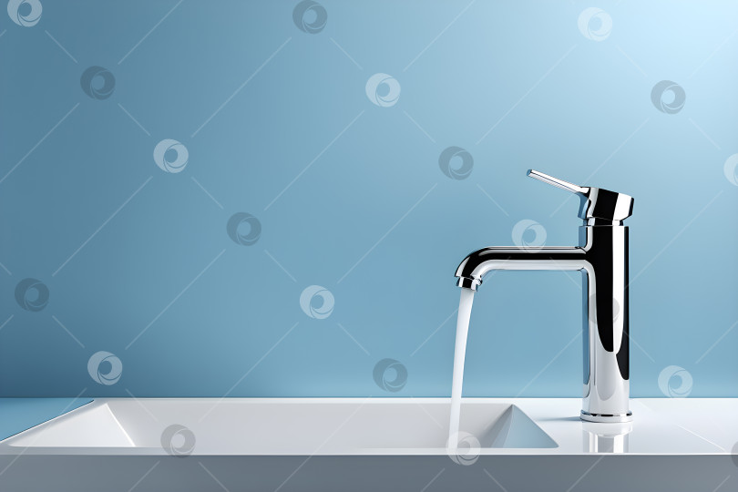 Скачать современный стальной минималистичный кран и раковина в голубой ванной комнате фотосток Ozero