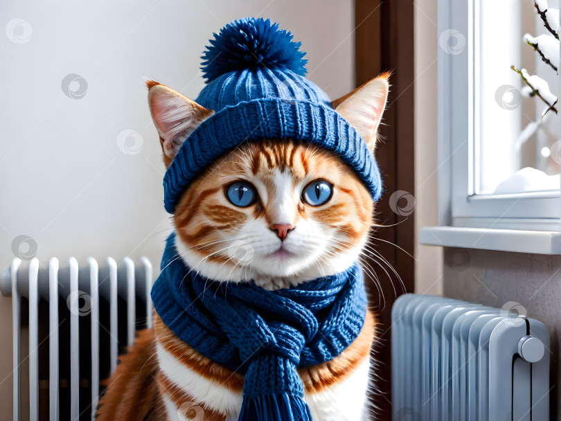 Скачать симпатичный кот с голубыми глазами в теплом шарфе и зимней шапке мерзнет дома возле холодного радиатора фотосток Ozero