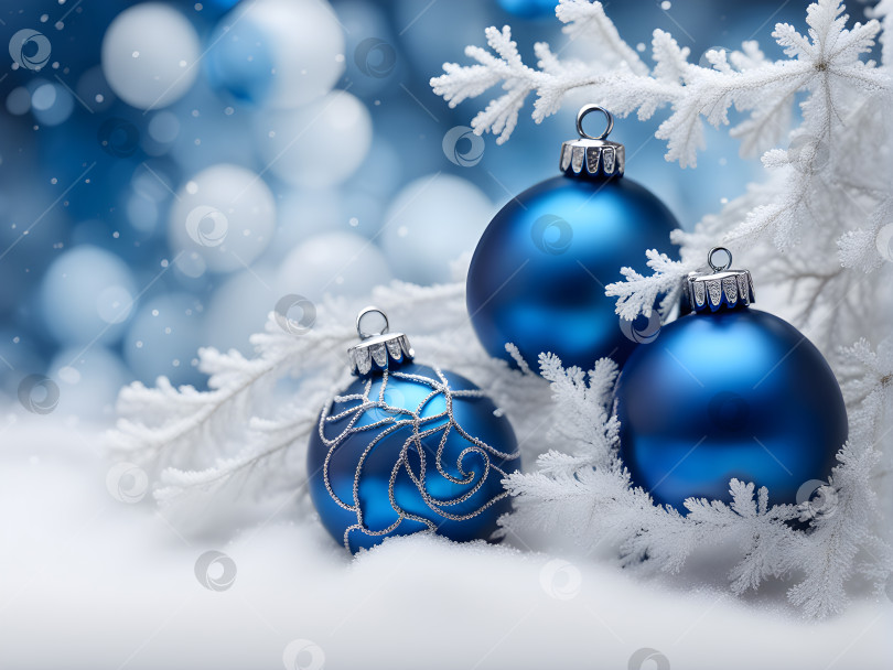 Скачать 3 темно-синих шара на ветке рождественской елки на синем фоне с эффектом боке фотосток Ozero