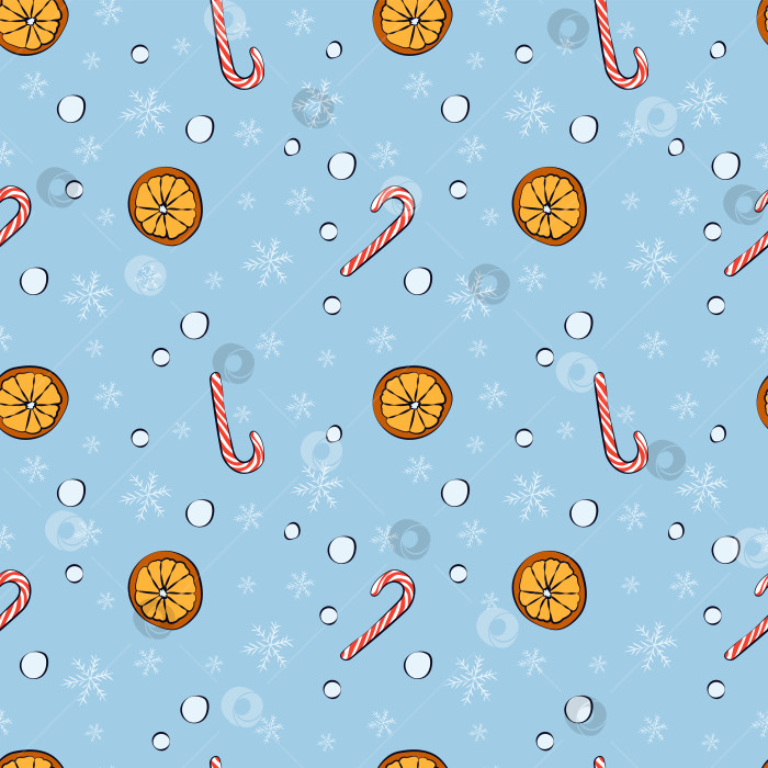 Скачать Набор рождественских и новогодних бесшовных рисунков со снежинками, конфетами и апельсином. 1000x1000 пикселей. Векторная графика. фотосток Ozero