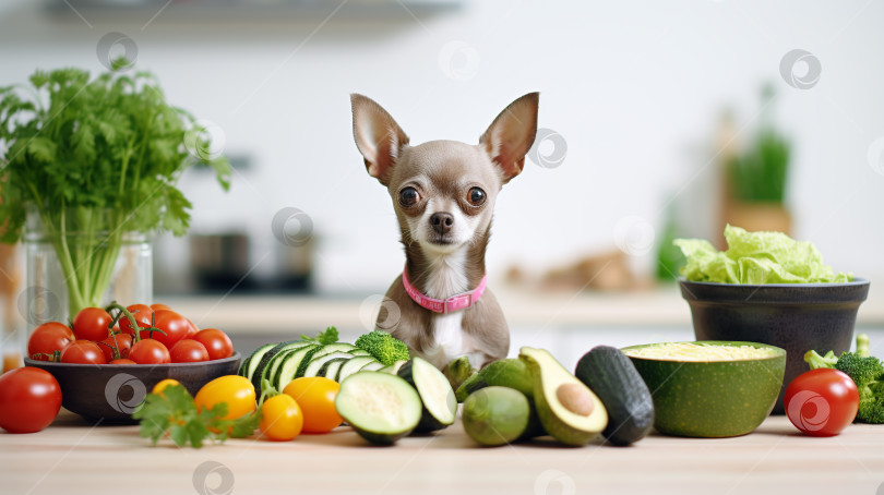 Скачать Забавная собака чихуахуа сидит на кухне за столом, полным овощей фотосток Ozero