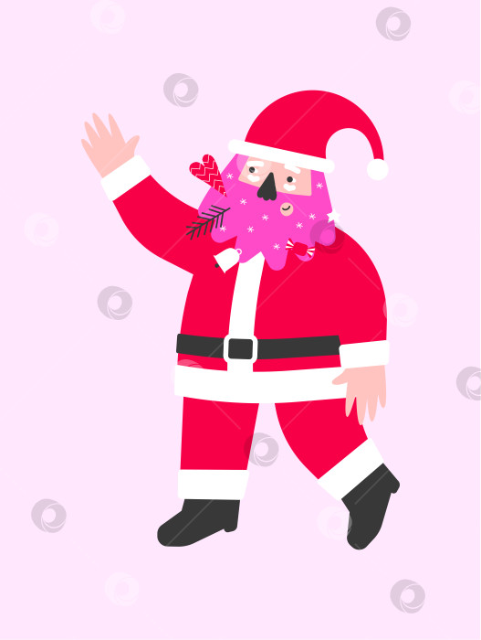 Скачать Векторная иллюстрация с плоским персонажем американского Санта-Клауса. Дизайн плаката формата А4, поздравительной открытки с Рождеством. Новогодняя открытка в красном, розовом цветах. Борода украшена конфетами фотосток Ozero