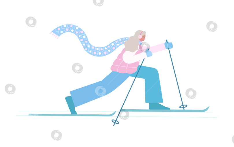 Скачать Векторная изолированная красочная иллюстрация с женским персонажем в синем платье, проводящим зимнюю тренировку на открытом воздухе. Плоская мультяшная спортивная женщина катается на лыжах в стиле кросс-кантри. Активный северный лыжник фотосток Ozero