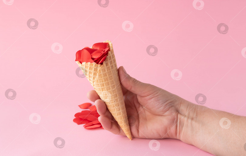 Скачать В руке рожок мороженого с красными сердечками. Креативная фотография пустых вафельных рожков с разбросанными красными сердечками на розовом фоне. Концепция любви, лета, весны фотосток Ozero