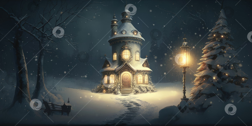 Скачать Сказочный замок и волшебный фонарь в зимнем лесу ночью. Сказочный рождественский и новогодний фон фотосток Ozero