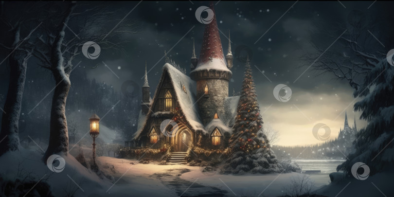 Скачать Зимний пейзаж со снежным замком и рождественской елкой. Волшебный рождественский и новогодний фон фотосток Ozero
