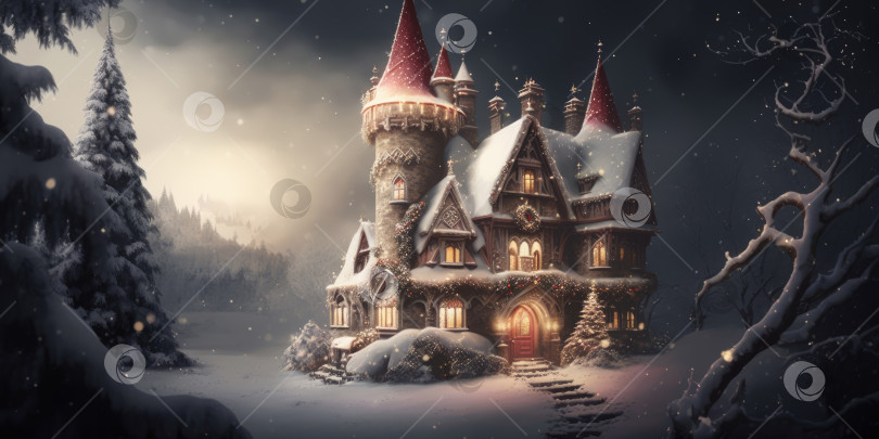 Скачать Сказочный замок в зимнем заснеженном лесу ночью. Волшебный рождественский и новогодний фон фотосток Ozero