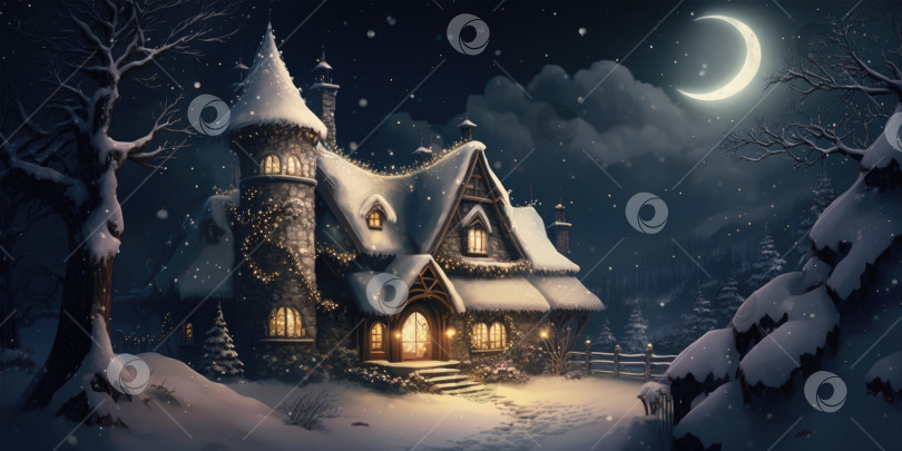 Скачать Красивый сказочный домик в зимнем лесу ночью при луне. Волшебный рождественский и новогодний фон фотосток Ozero