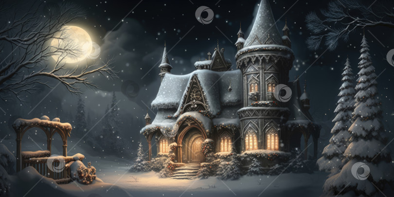 Скачать Красивый зимний сказочный замок в лесу ночью при полной луне. Волшебный рождественский и новогодний фон фотосток Ozero