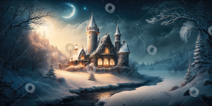 Скачать Сцена зимней сказки со сказочным замком в заснеженном лесу ночью при луне. Волшебный рождественский и новогодний фон фотосток Ozero