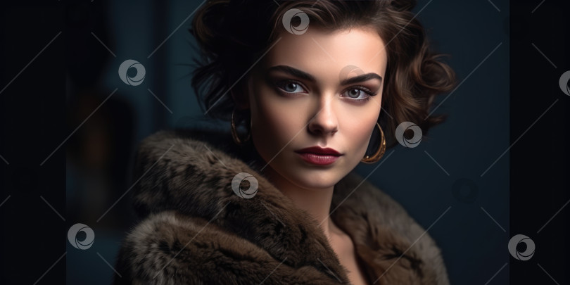 Скачать Портрет красивой молодой женщины с вечерним макияжем в меховой шубе на черном фоне фотосток Ozero