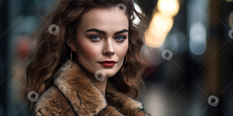 Скачать Портрет красивой девушки в меховой шубе на городской улице зимой или осенью, панорама фотосток Ozero