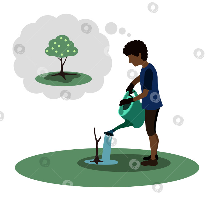 Скачать Темнокожий мальчик в садовых перчатках поливает саженец яблони из большой лейки фотосток Ozero