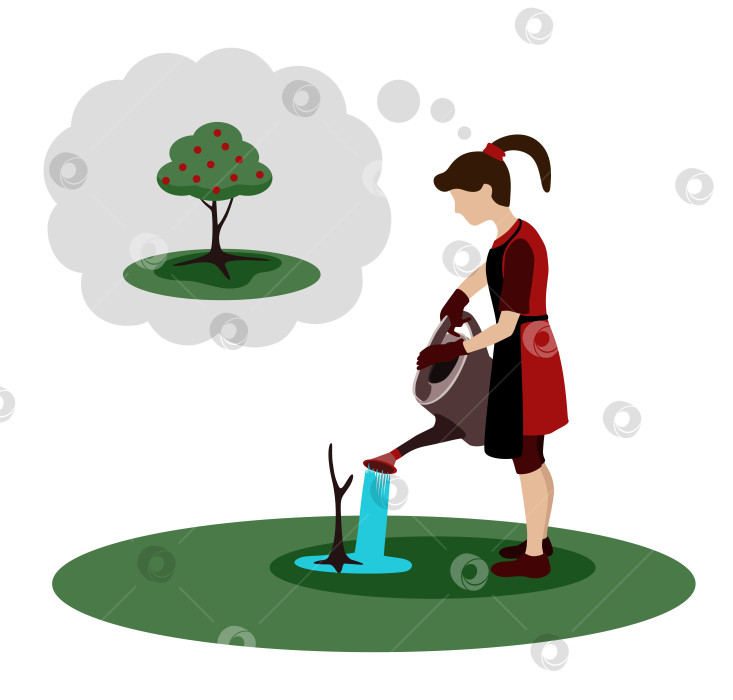 Скачать Молодая девушка в садовых перчатках и фартуке поливает саженец яблони из большой лейки фотосток Ozero