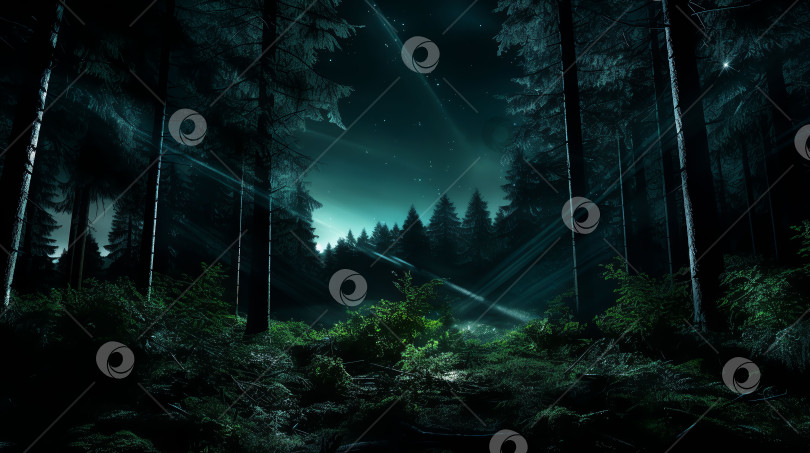 Скачать Иллюстрация ночного леса и яркого свечения с неба, сгенерированная искусственным интеллектом фотосток Ozero