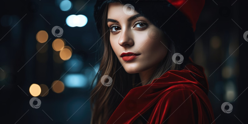 Скачать Портрет красивой молодой женщины в красном бархатном костюме и красной шляпе на ночной улице. Девушка-красавица, Рождественский модный образ фотосток Ozero