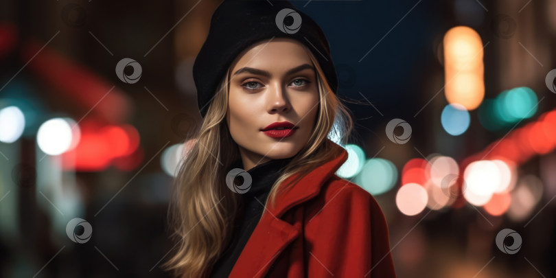 Скачать Портрет красивой девушки в красном пальто и черной шляпе на фоне ночного города фотосток Ozero