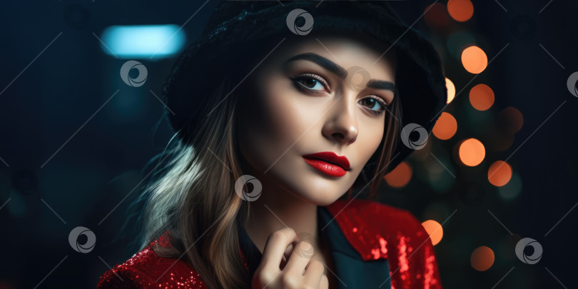 Скачать Портрет молодой красивой женщины с вечерним макияжем в красном костюме и черной шляпе на праздничном фоне на рождественской вечеринке фотосток Ozero