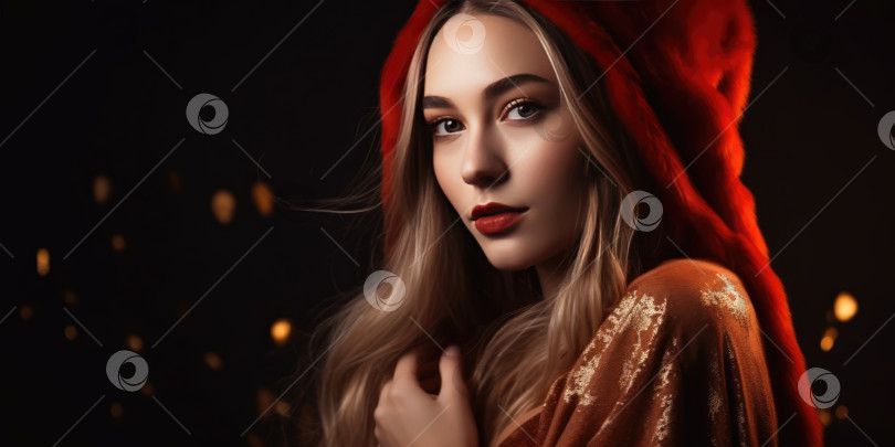 Скачать Портрет красивой девушки в красной меховой шапке на черном фоне фотосток Ozero