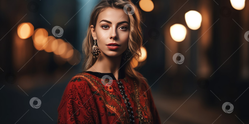 Скачать Красивая молодая женщина в красном платье с вышивкой в ночном городе, модный образ фотосток Ozero
