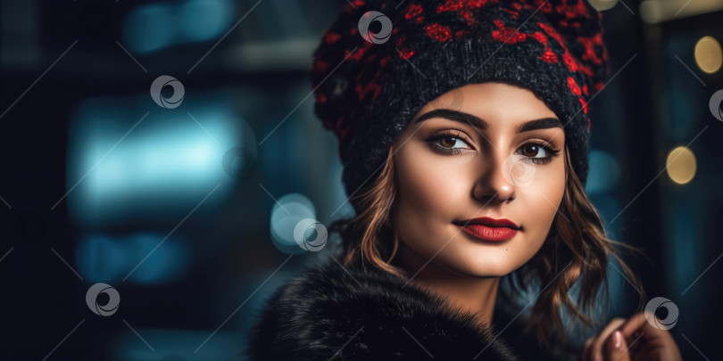 Скачать Портрет красивой девушки в меховой шубе и черно красной вязаной шапочке на фоне улицы ночного города с огнями фотосток Ozero