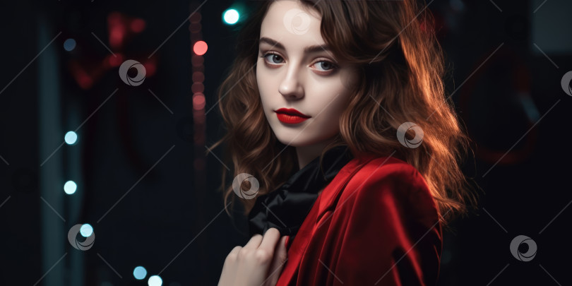 Скачать Портрет красивой молодой женщины в красном вечернем костюме на черном фоне с подсветкой. Леди в красном, Рождественская вечеринка, Модный образ фотосток Ozero