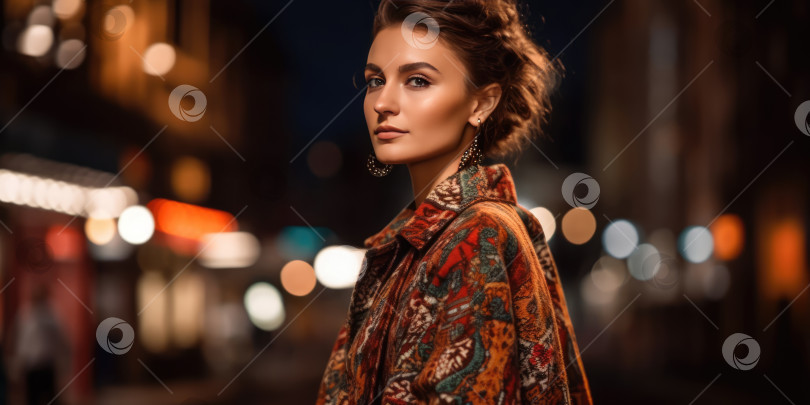Скачать Портрет красивой молодой женщины в модном пальто на фоне улицы ночного города с огнями фотосток Ozero