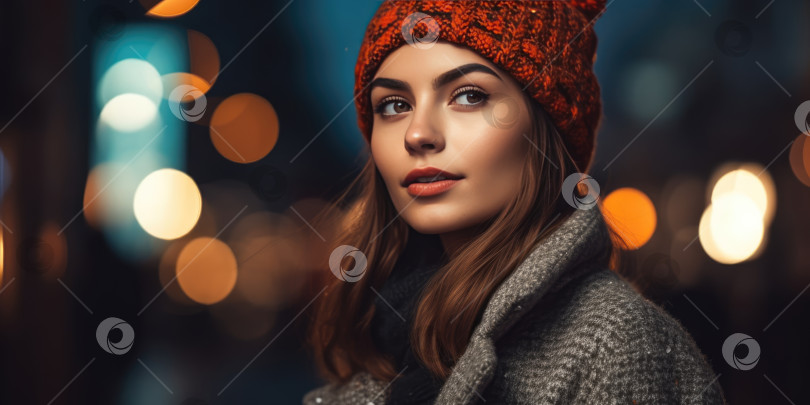 Скачать Портрет красивой молодой женщины в красной шляпе и сером пальто на фоне улицы ночного города, копировальное пространство фотосток Ozero