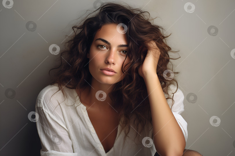Скачать Расслабленное выражение лица европейской женщины с длинными темными вьющимися волосами фотосток Ozero