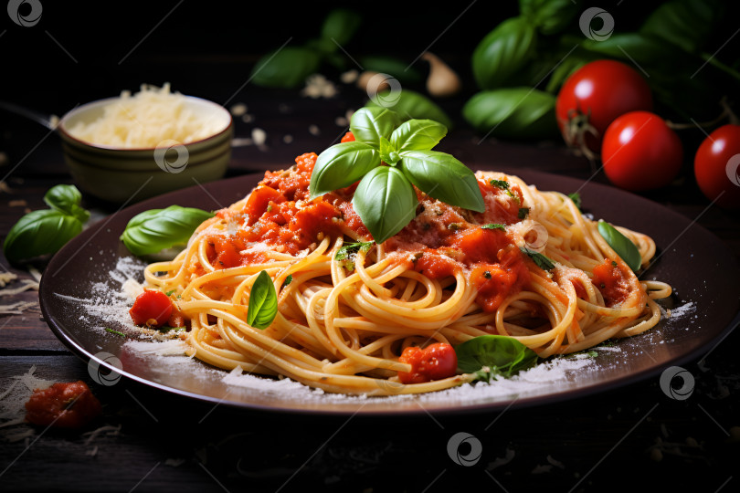 Скачать Изысканное блюдо из пасты с насыщенным томатным соусом, свежим базиликом и тертым пармезаном фотосток Ozero