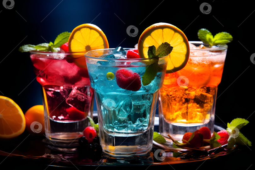 Скачать Бокалы для освежающих коктейлей с фруктовым гарниром ярких цветов фотосток Ozero