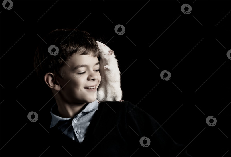 Скачать Портретное изображение мальчика с белой крысой фотосток Ozero