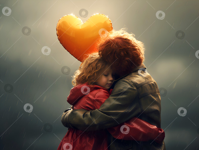Скачать Двое детей обнимаются под дождем с желтым воздушным шаром в виде сердца. Дети обнимаются под дождем как концепция дня любви или национального дня объятий. Нежные объятия с воздушным шаром в виде сердца во время шторма фотосток Ozero