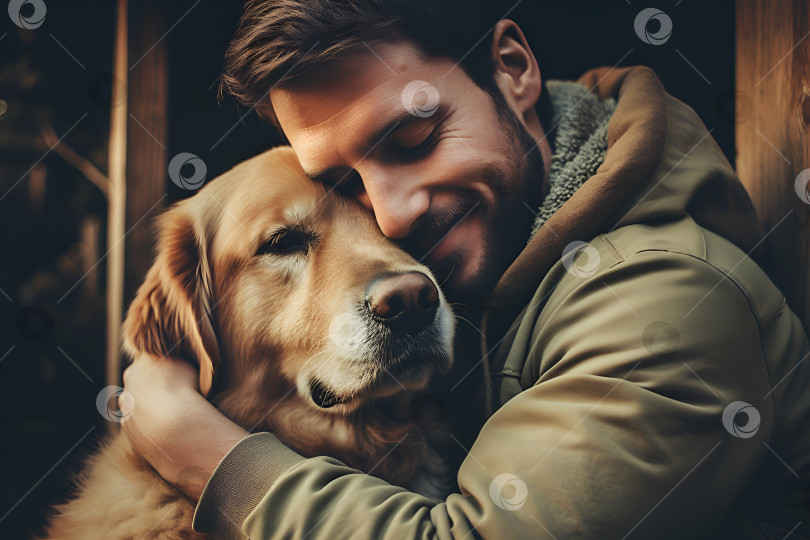 Скачать Концепция национального дня объятий. Мужчина обнимает свою собаку. Теплые объятия, душевный момент между мужчиной и его питомцем. Тесная связь, мужчина и собака сердечно обнимаются. Забота о домашних животных и любовь фотосток Ozero
