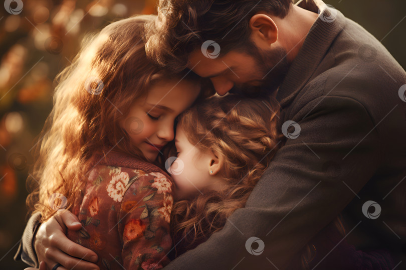 Скачать Концепция национального дня объятий. Отец обнимает своих дочерей, запечатлен трогательный момент. Любящие объятия семьи, осеннее тепло. Нежные объятия родителей, радость детей. Интимный семейный момент фотосток Ozero