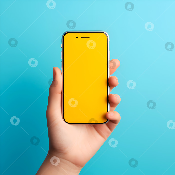 Скачать Рука, держащая смартфон с желтым экраном на светло-голубом фоне. Рука, представляющая смартфон с желтым экраном. Мобильный телефон с желтым экраном в руке. Экран телефона для мобильного приложения. Люди с устройствами фотосток Ozero