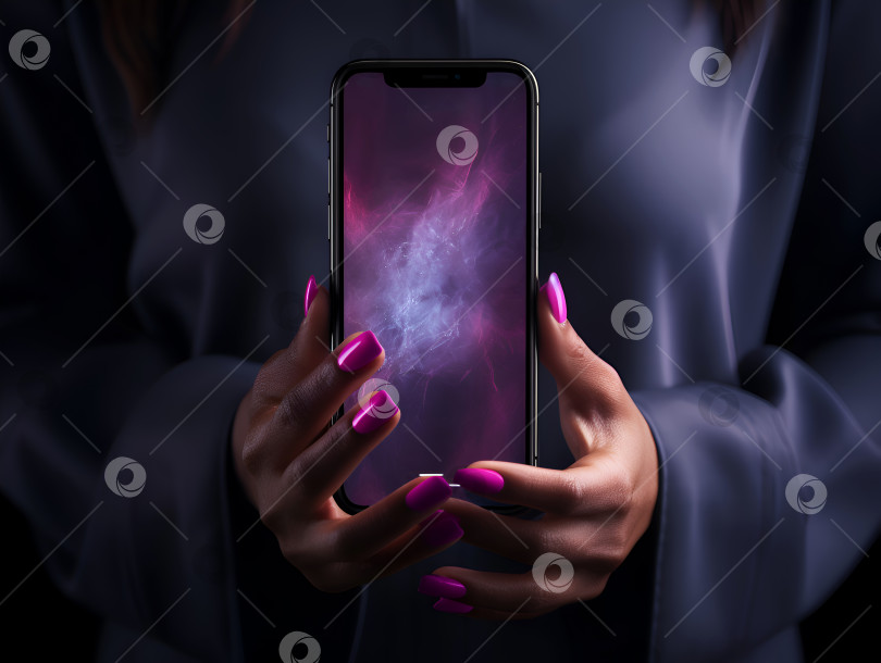 Скачать Женщина держит смартфон со светящимся неоново-фиолетовым экраном. Руки женщины держат телефон с пустым экраном и мистическим светом от мобильного устройства. Презентация мобильного телефона. Концепция современной коммуникации фотосток Ozero