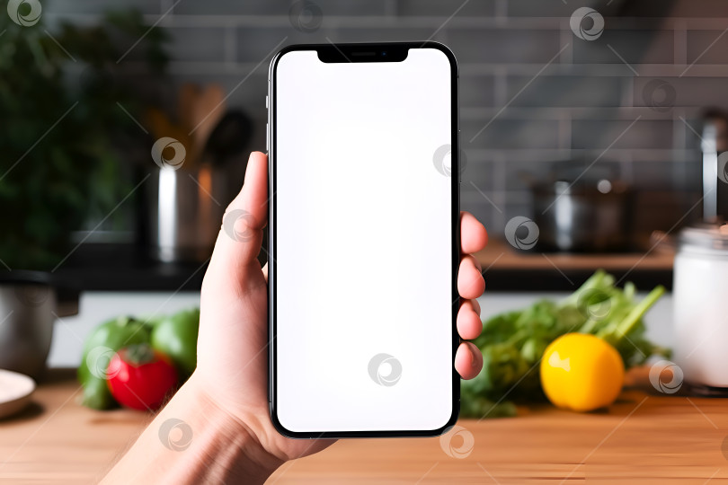 Скачать В руке смартфон с пустым белым экраном для макета домашней кухни с овощами. Презентация мобильного приложения на смартфоне, который держат в руке, с интерьером кухни фотосток Ozero